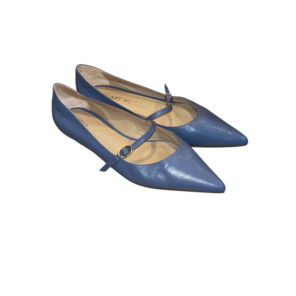 Stuart Weitzman Emilia Mary Jane Flats Blue Leather Ballet Pointed Toe 39 US 8.5